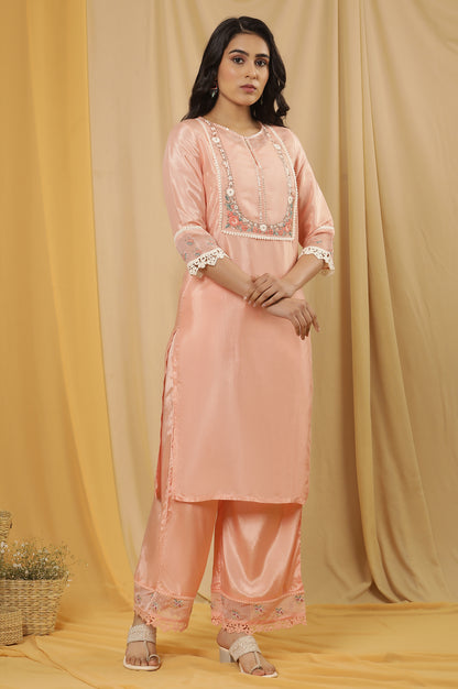 Pink Embroidered Kurta, Parallel Pants And Organza Dupatta Set