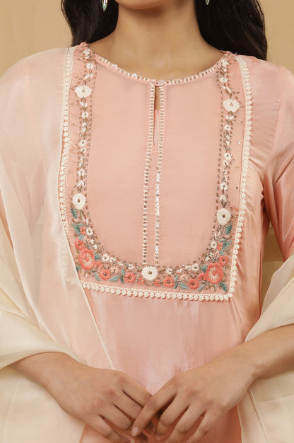 Pink Embroidered Kurta, Parallel Pants And Organza Dupatta Set