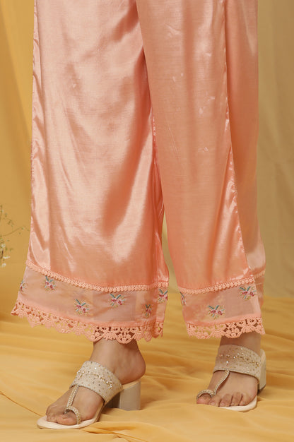 Pink Embroidered Kurta, Parallel Pants And Organza Dupatta Set