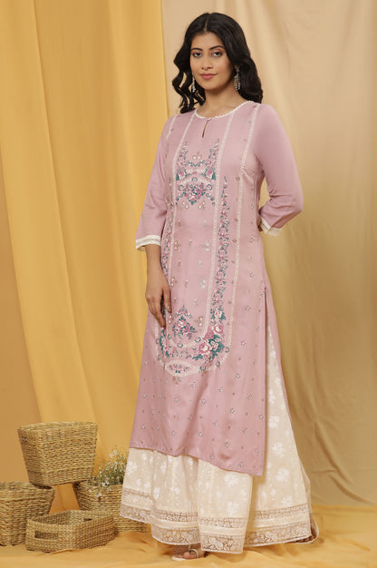 Light Purple Printed Festive Kurta And Culottes Set