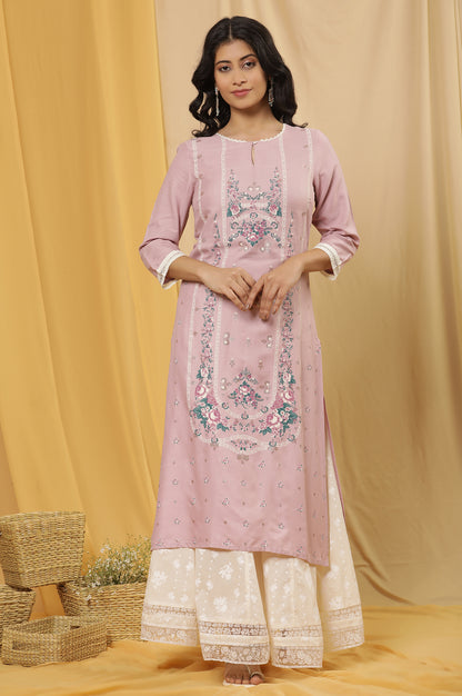 Light Purple Printed Festive Kurta And Culottes Set