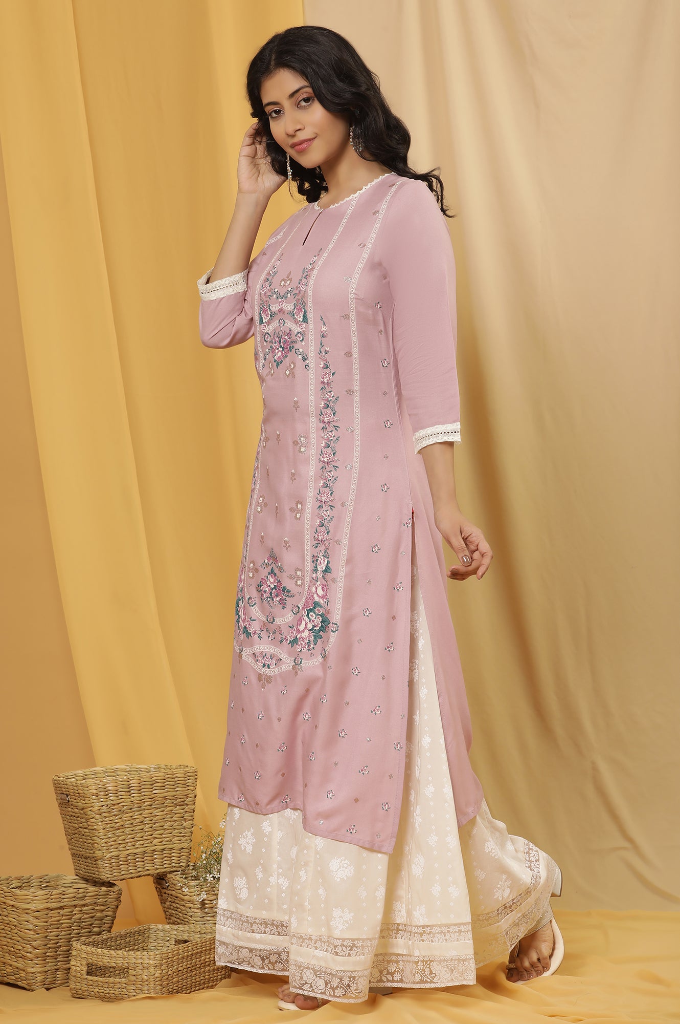 Light Purple Printed Festive Kurta And Culottes Set