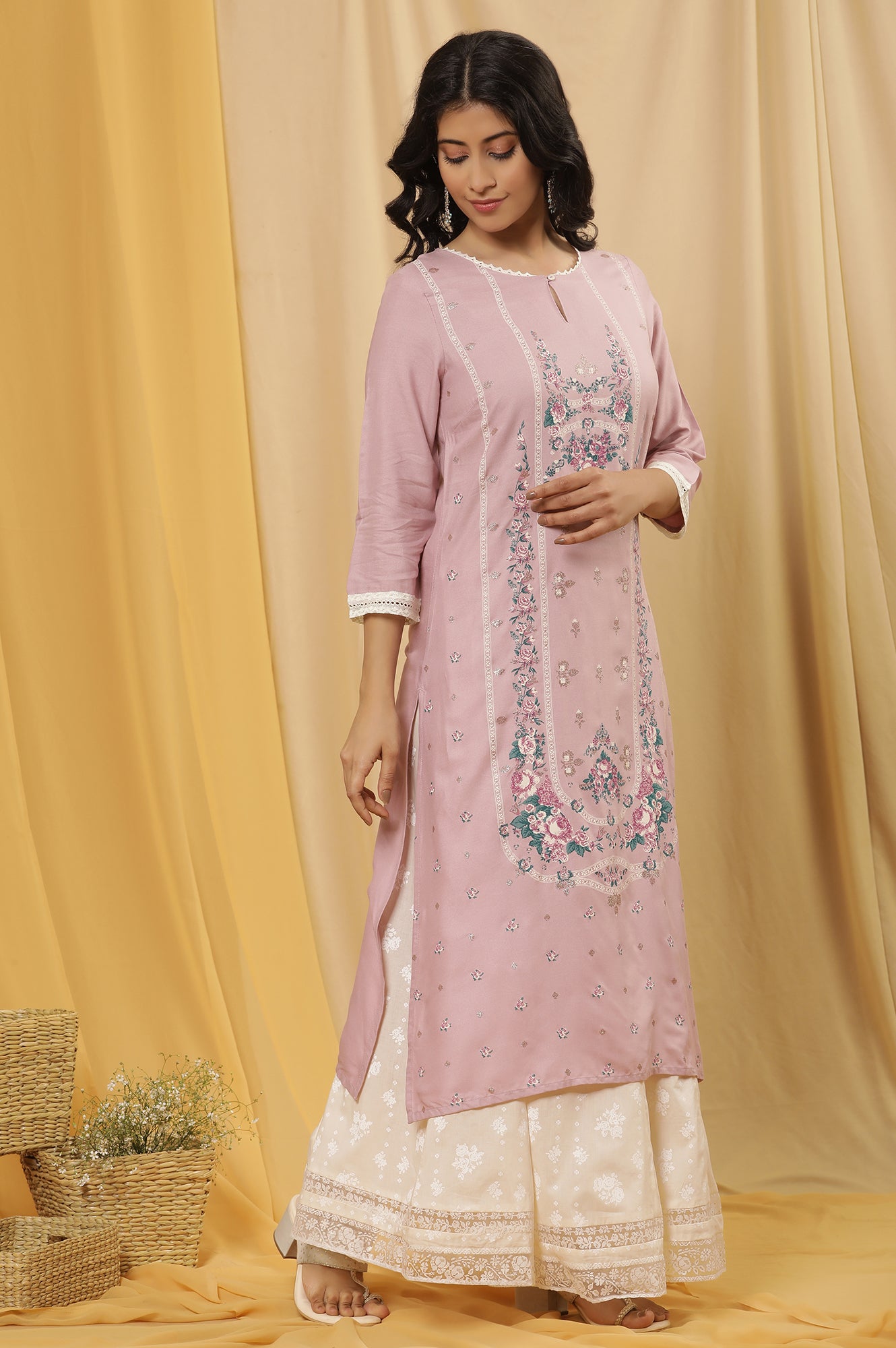 Light Purple Printed Festive Kurta And Culottes Set