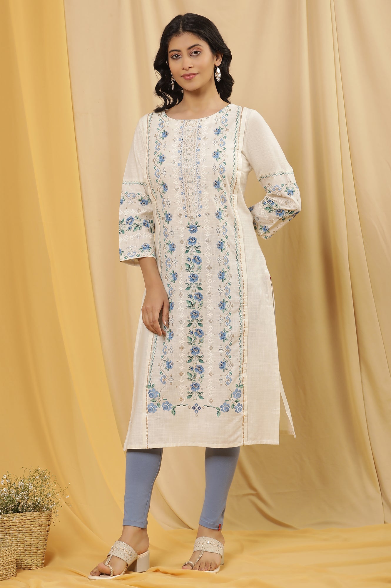 White Printed Straight Kurta And Tights Set