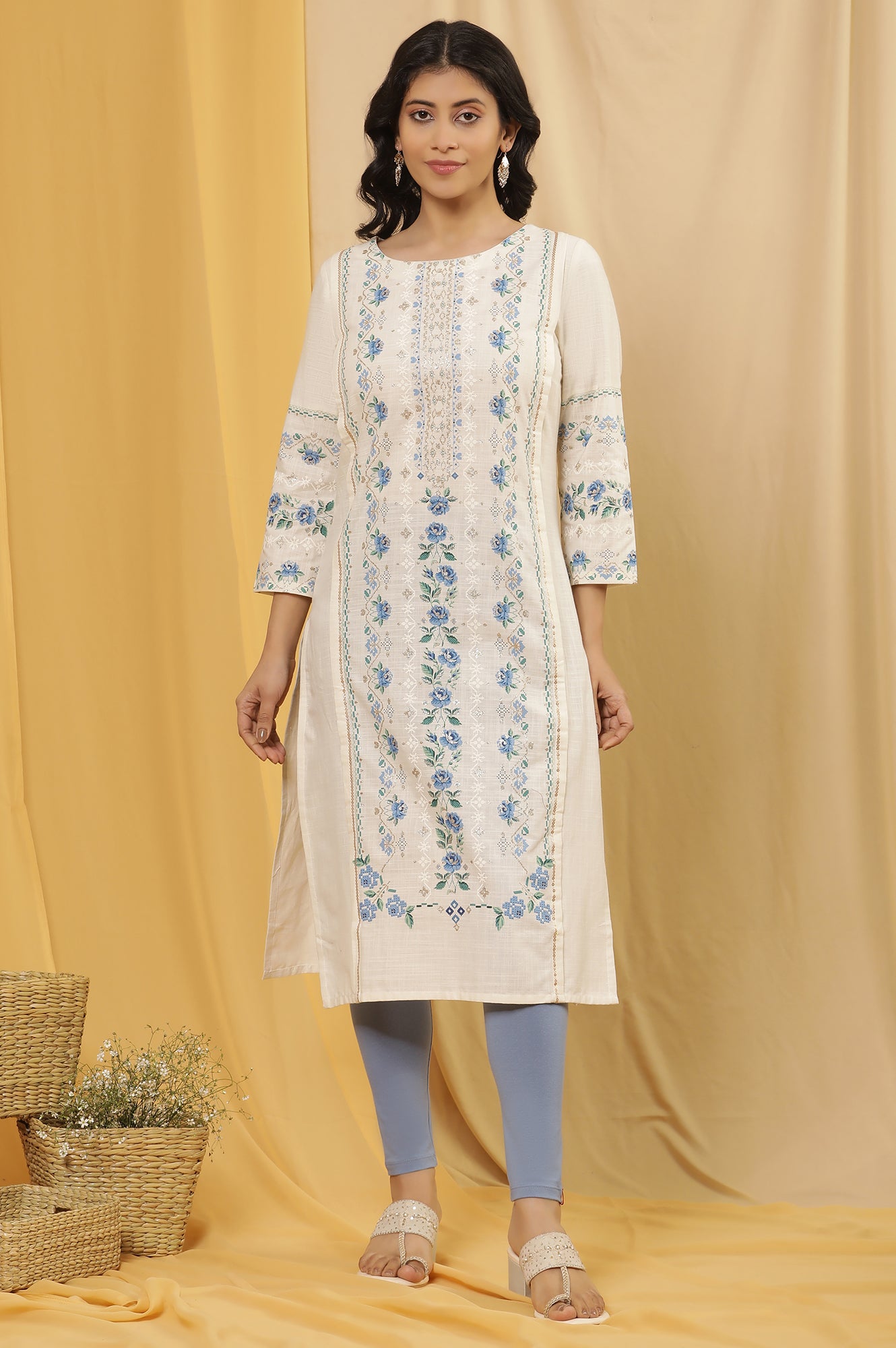 White Printed Straight Kurta And Tights Set