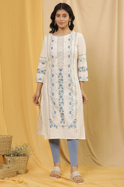 White Printed Straight Kurta And Tights Set