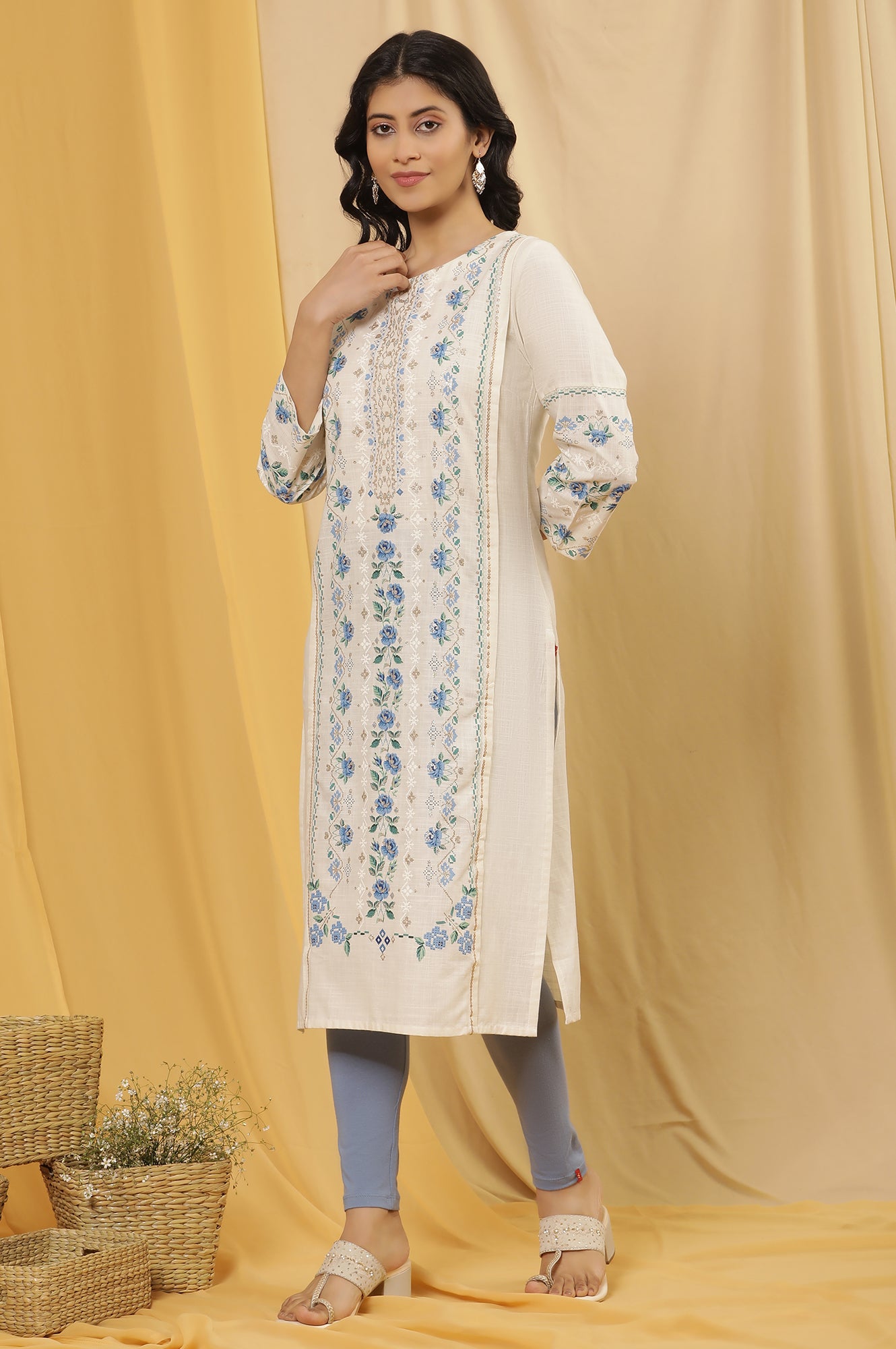 White Printed Straight Kurta And Tights Set