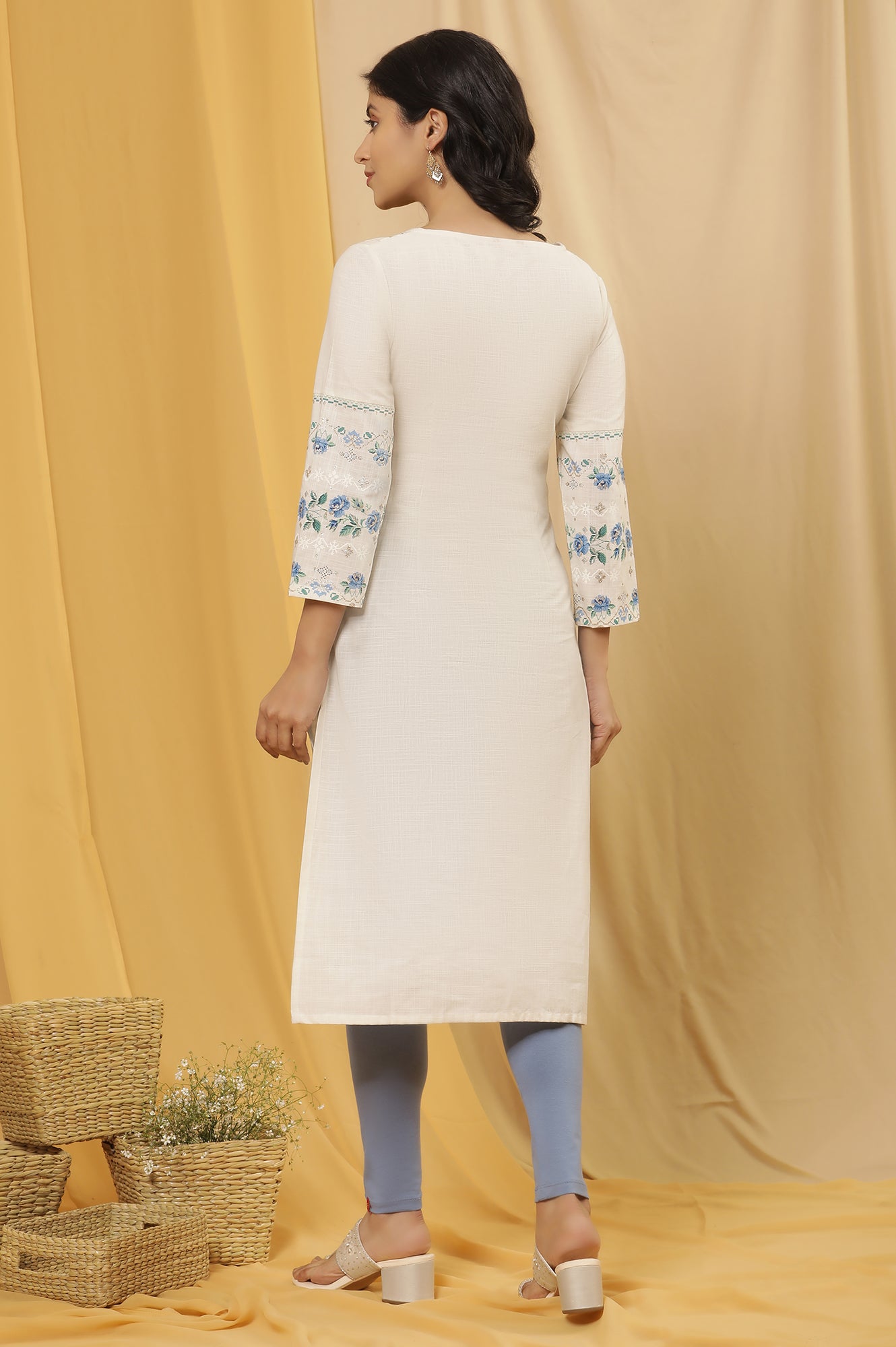 White Printed Straight Kurta And Tights Set