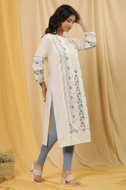 White Printed Straight Kurta And Tights Set