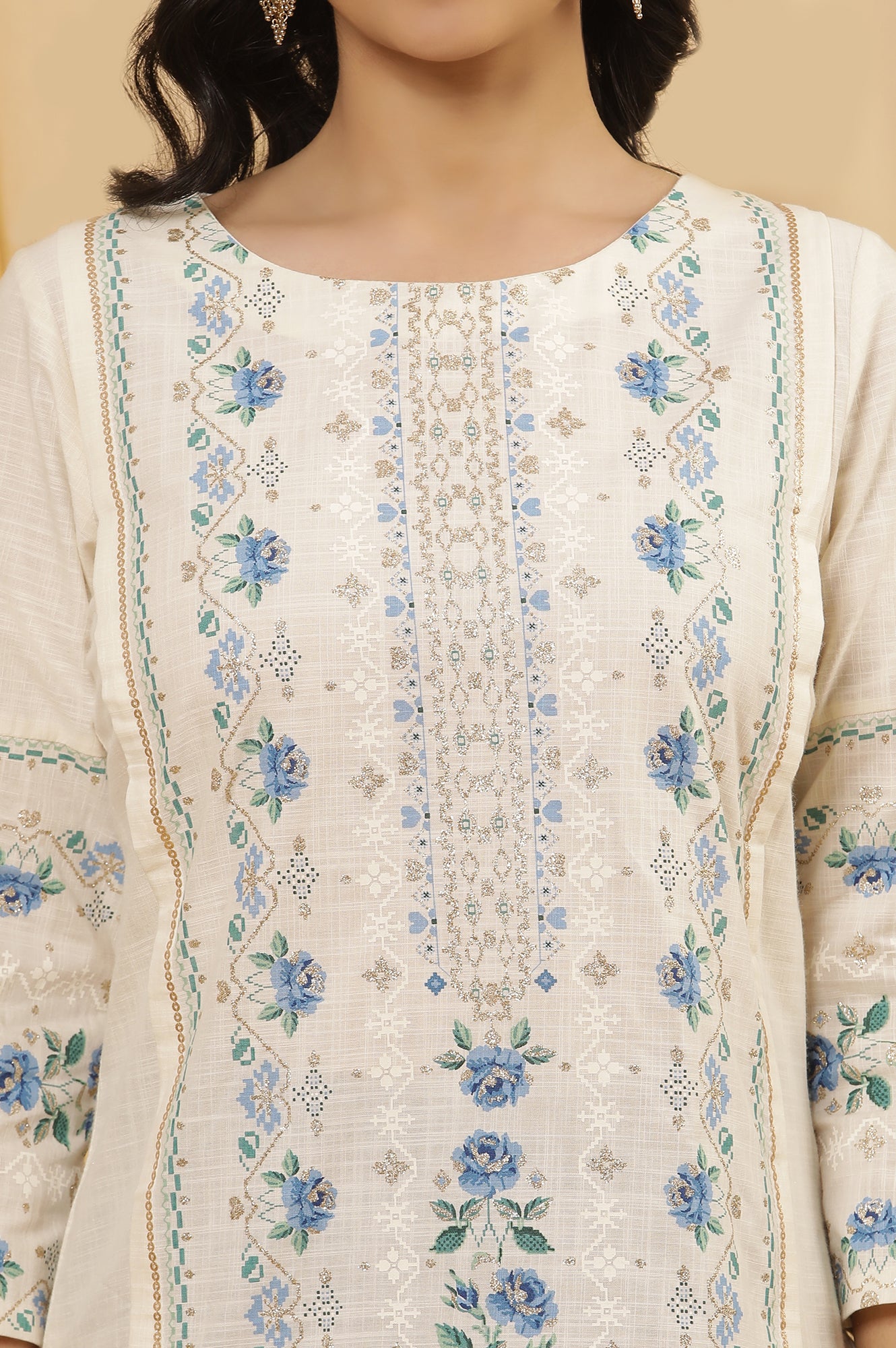 White Printed Straight Kurta And Tights Set