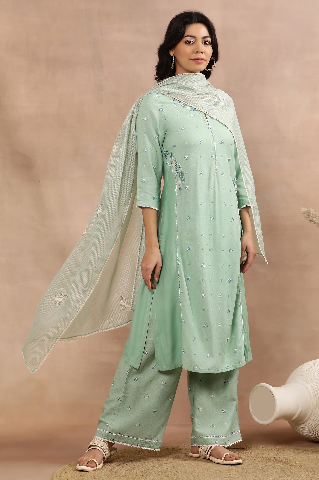 Green Embroidered Kurta, Pants And Kota Dupatta Set