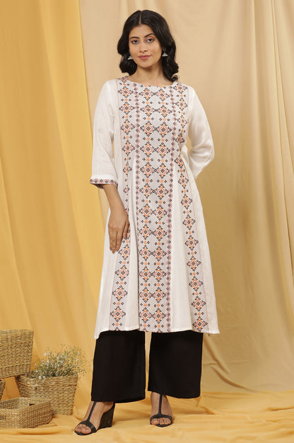 White Printed Kurta And Flared Pants Set