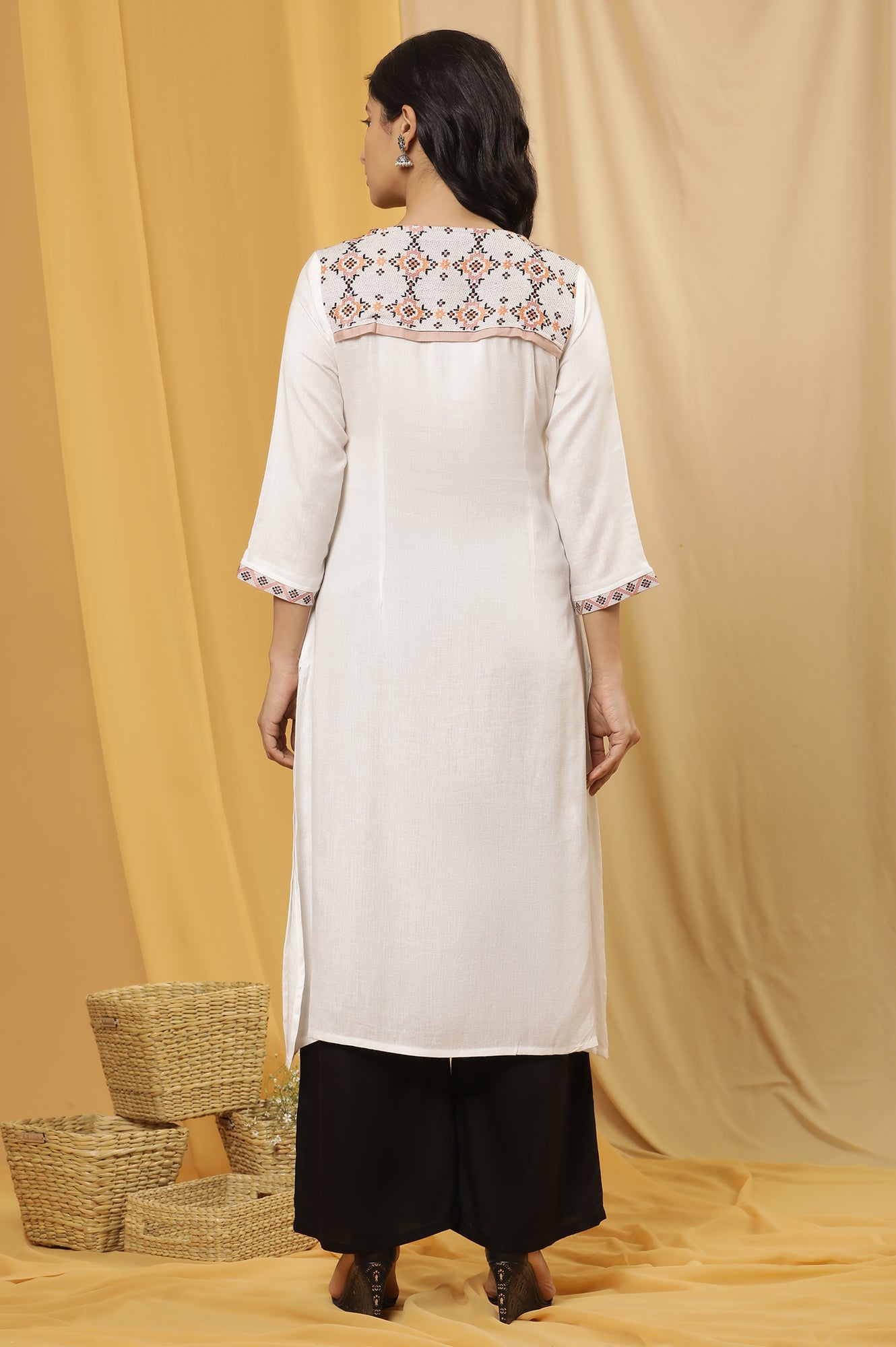 White Printed Kurta And Flared Pants Set