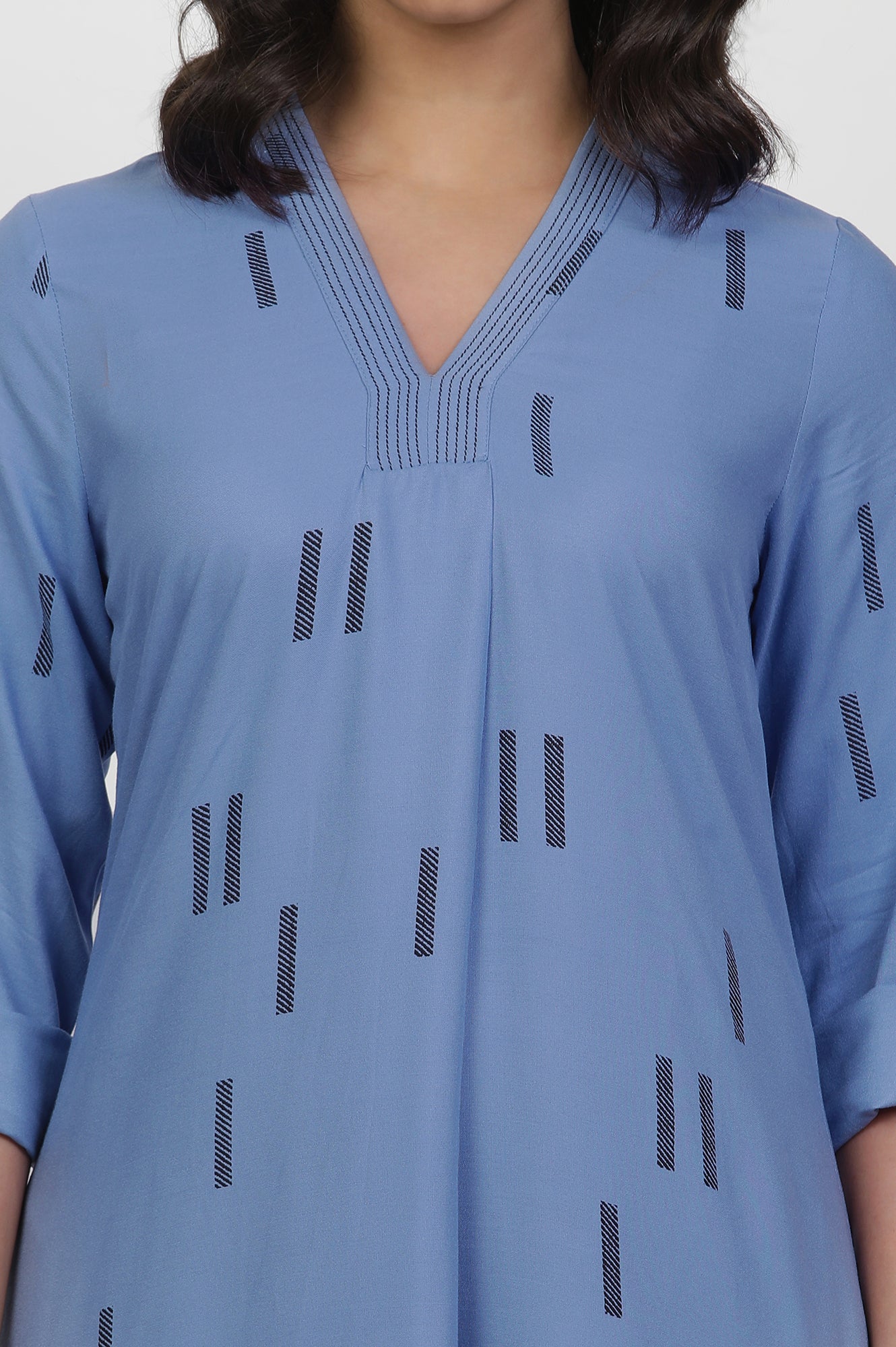 Blue V-Neck Printed Kurta And Trousers Set