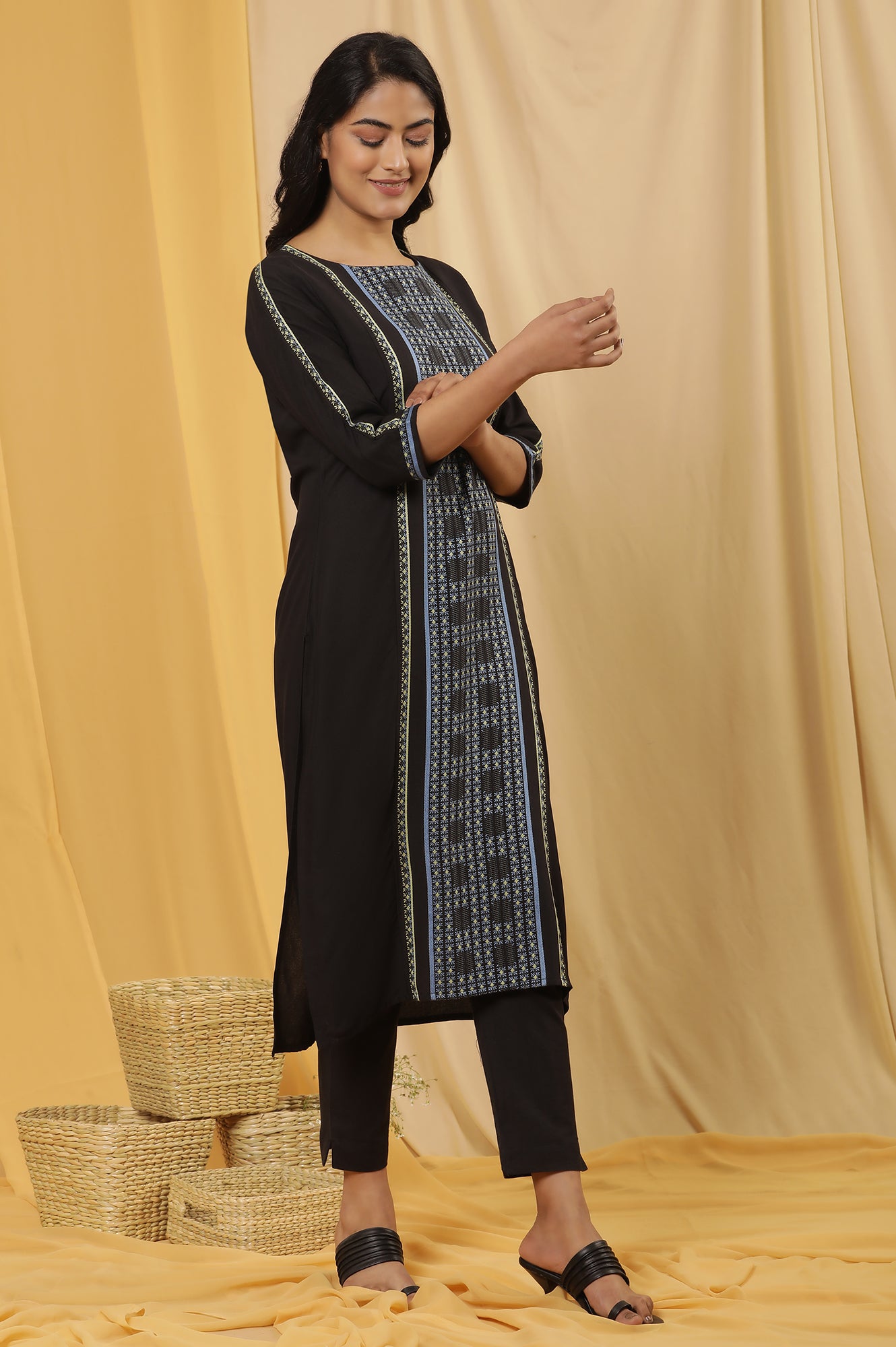 Black Thread Work Kurta And Trousers Set