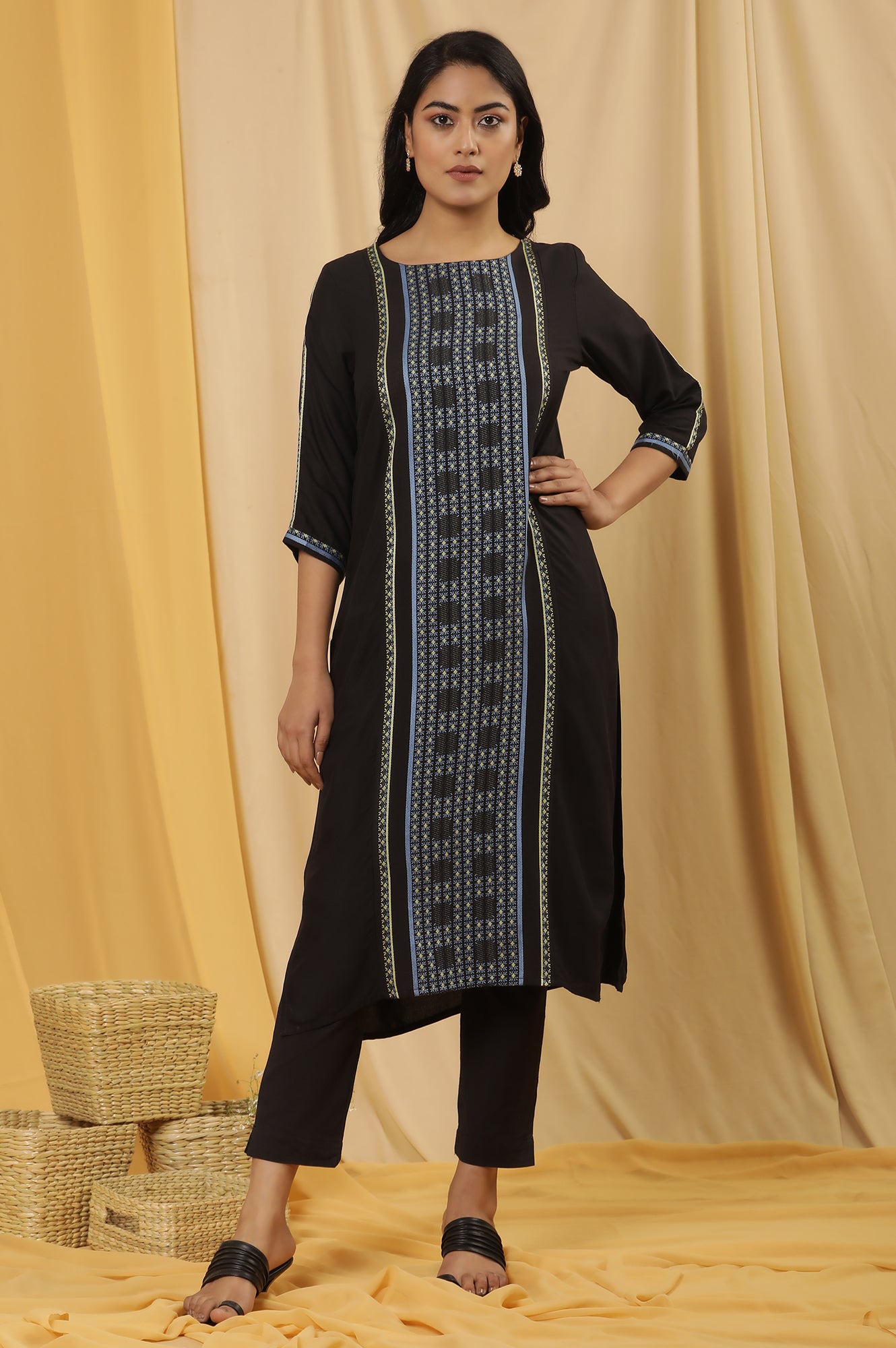 Black Thread Work Kurta And Trousers Set