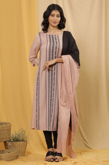 Pink Printed Straight Kurta, Tights And Dupatta Set