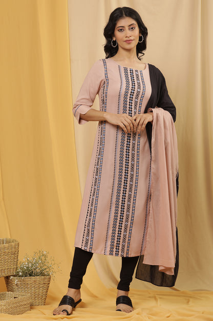 Pink Printed Straight Kurta, Tights And Dupatta Set