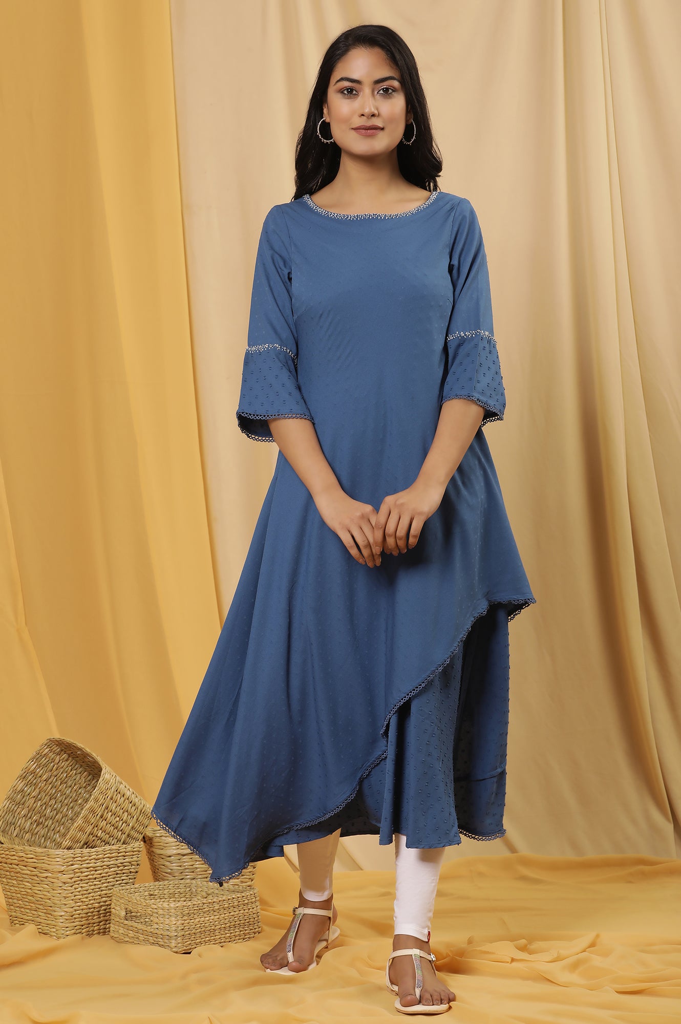 Blue Mock Layered Dress And Tights Set