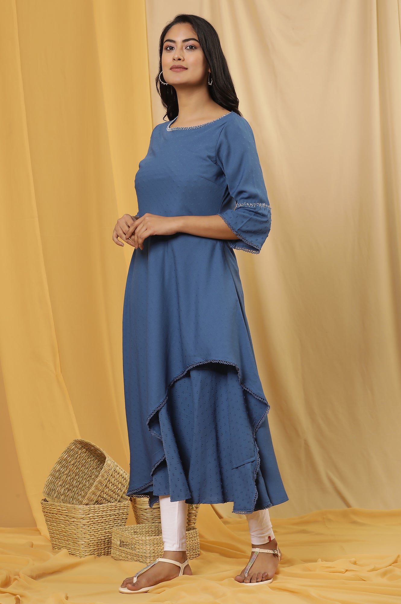 Blue Mock Layered Dress And Tights Set