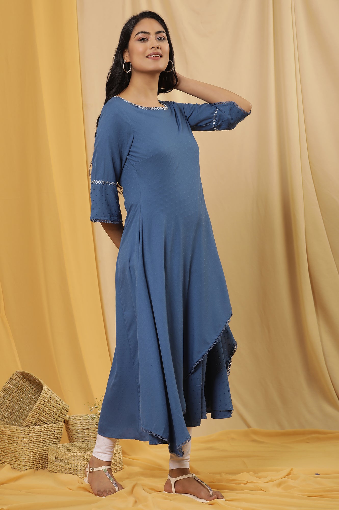 Blue Mock Layered Dress And Tights Set