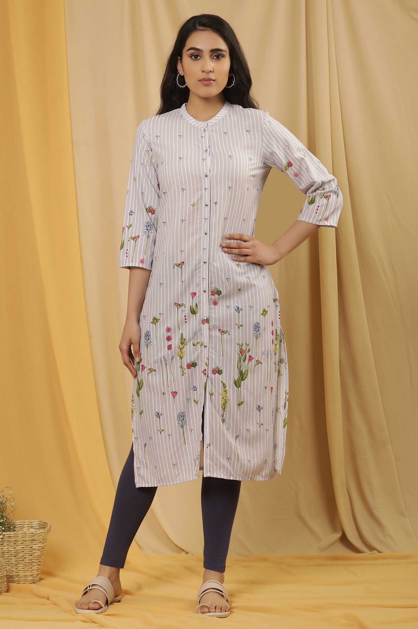 Blue Floral Printed Kurta And Tights Set