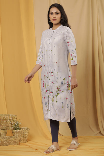 Blue Floral Printed Kurta And Tights Set