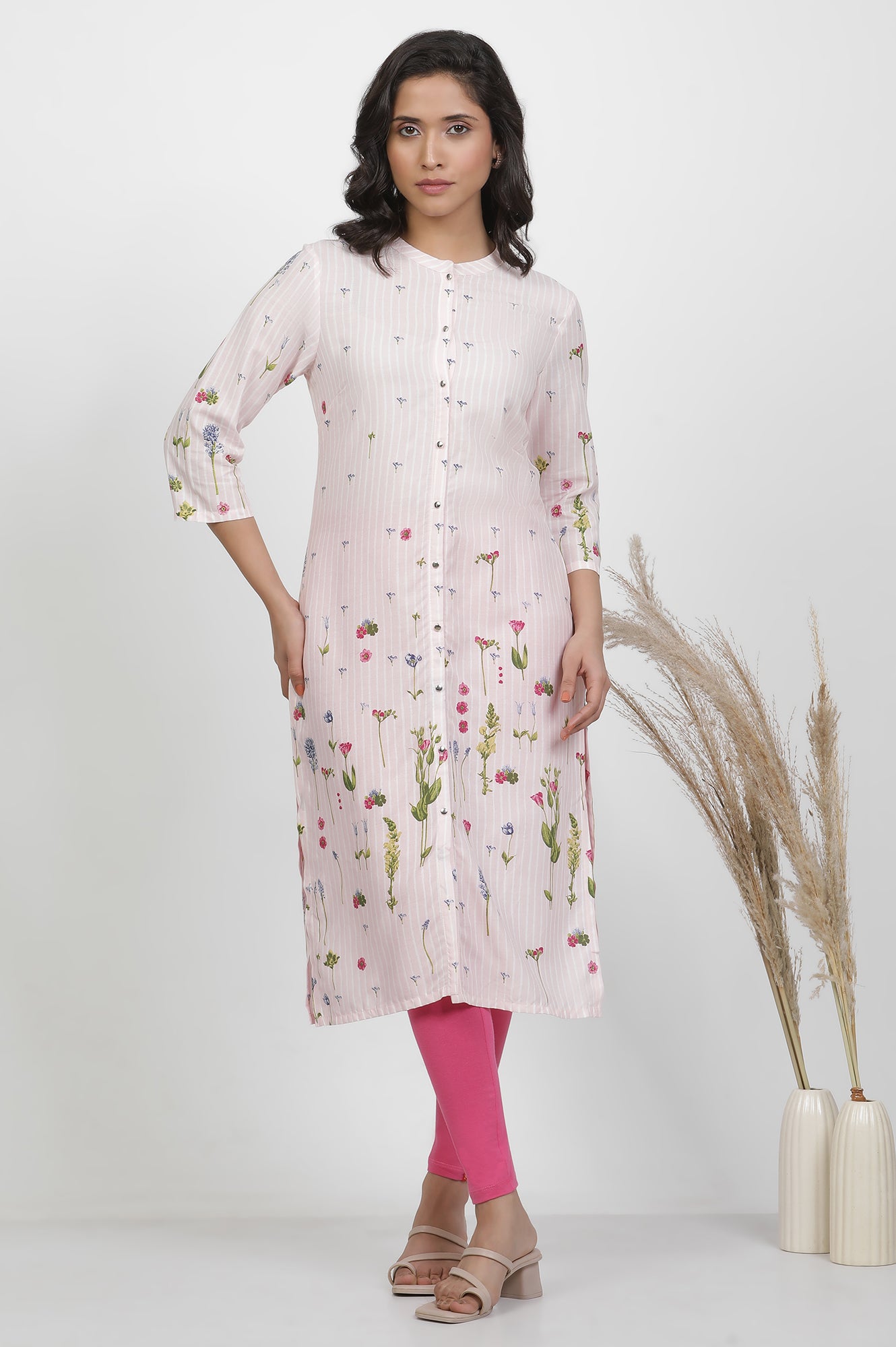 Pink Floral Printed Kurta And Tights Set