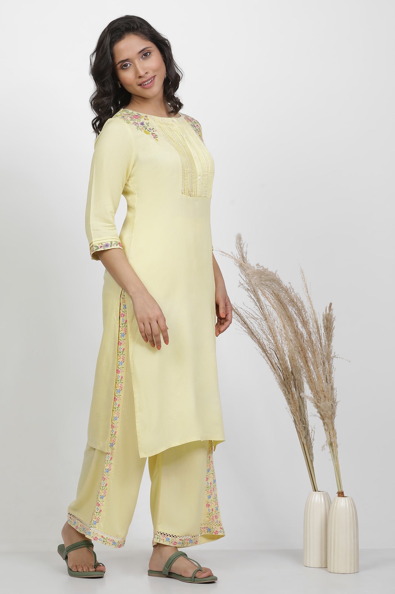 Yellow Embroidered Kurta And Pants Set