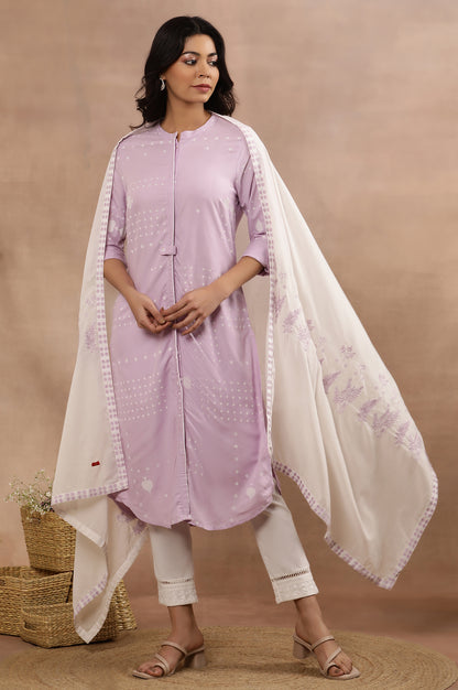 Light Purple Printed Casual Kurta, Pants And Dupatta Set