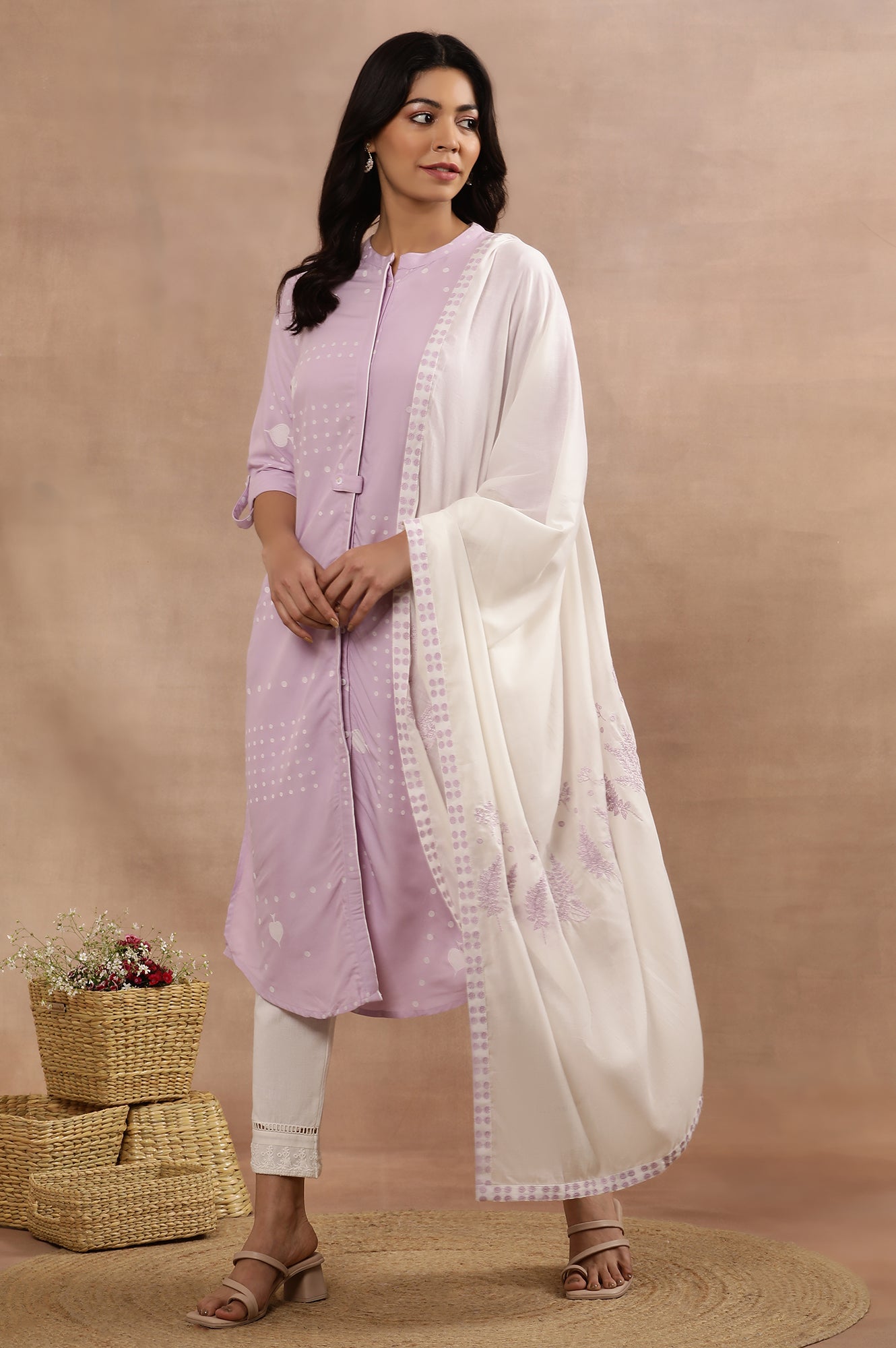 Light Purple Printed Casual Kurta, Pants And Dupatta Set