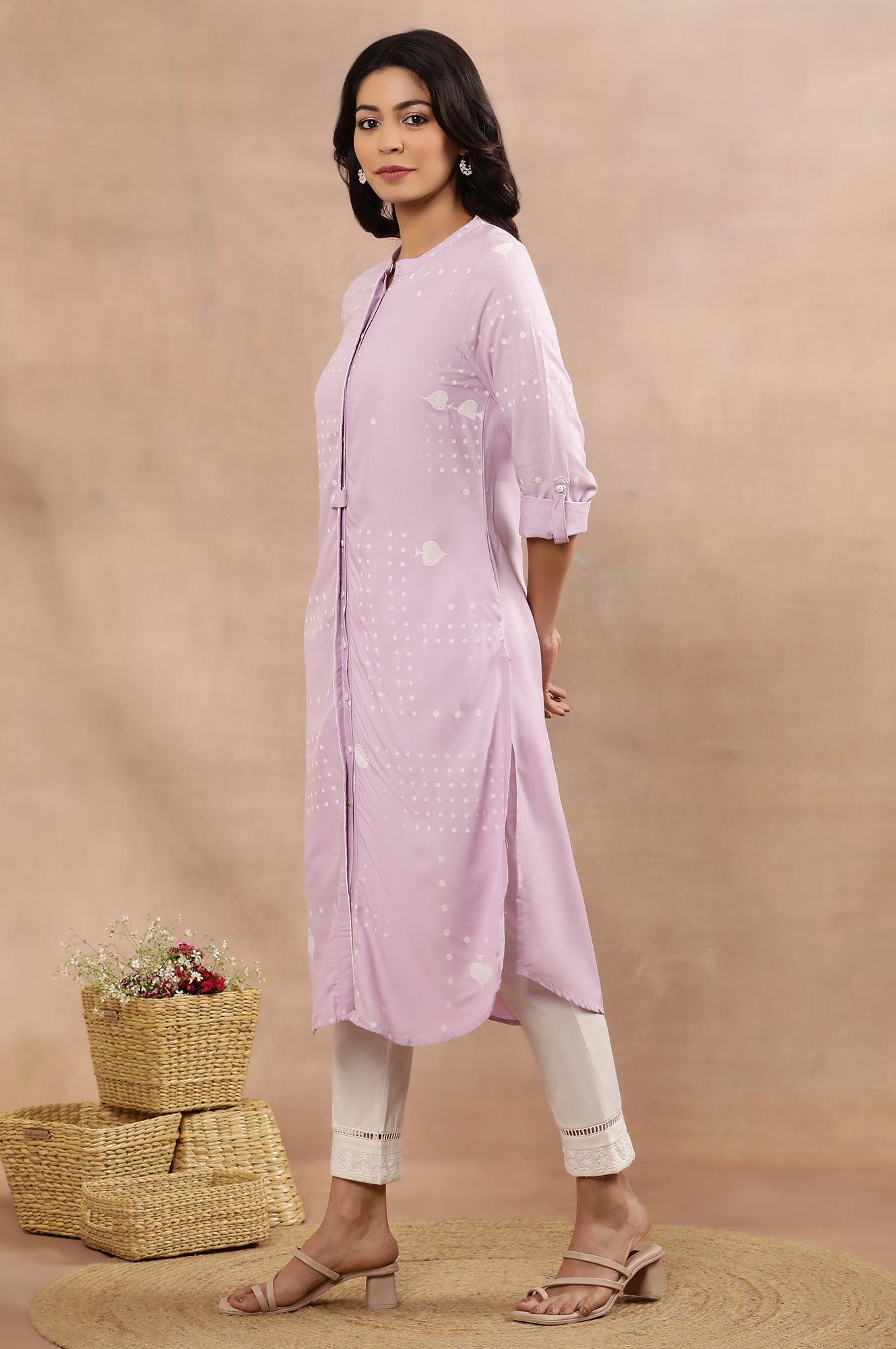 Light Purple Printed Casual Kurta, Pants And Dupatta Set