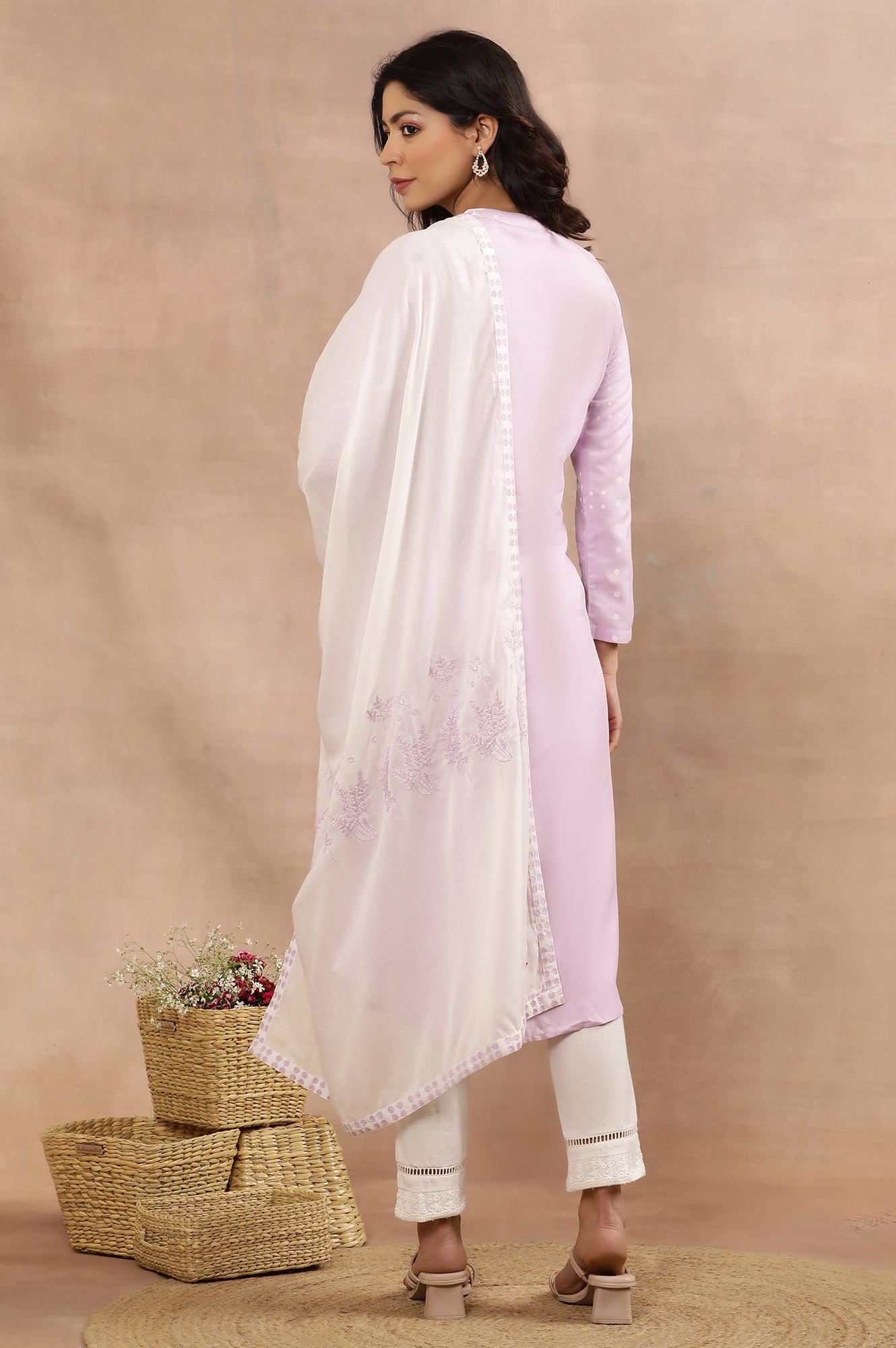 Light Purple Printed Casual Kurta, Pants And Dupatta Set