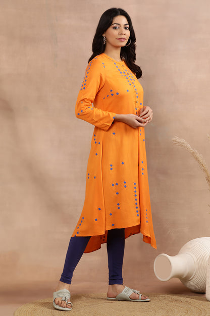 Orange Printed Asymmetrical Kurta And Tights Set