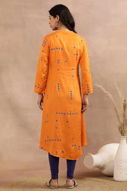 Orange Printed Asymmetrical Kurta And Tights Set