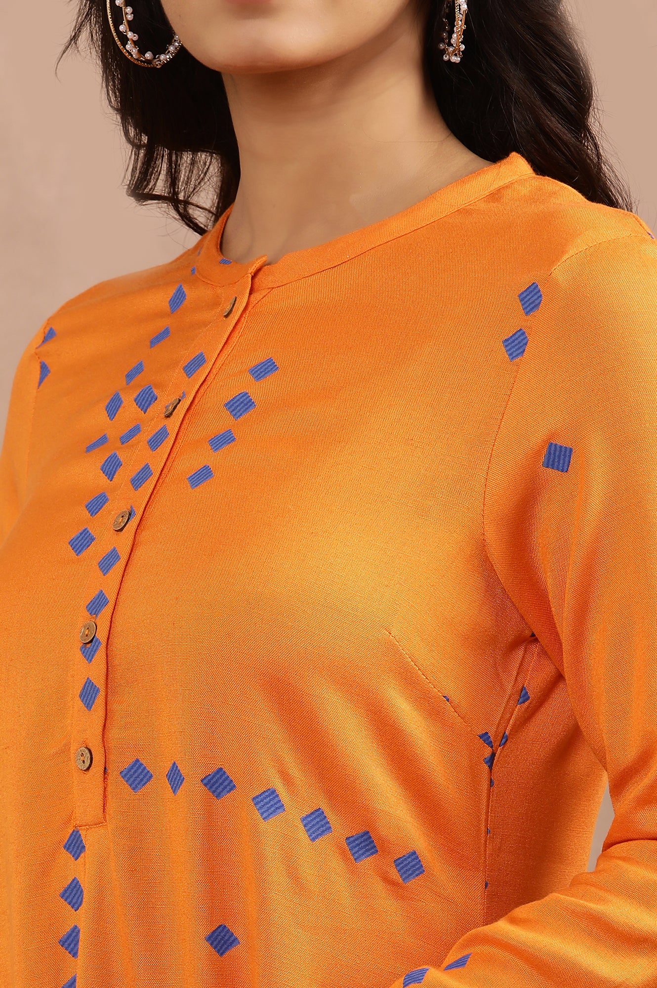 Orange Printed Asymmetrical Kurta And Tights Set