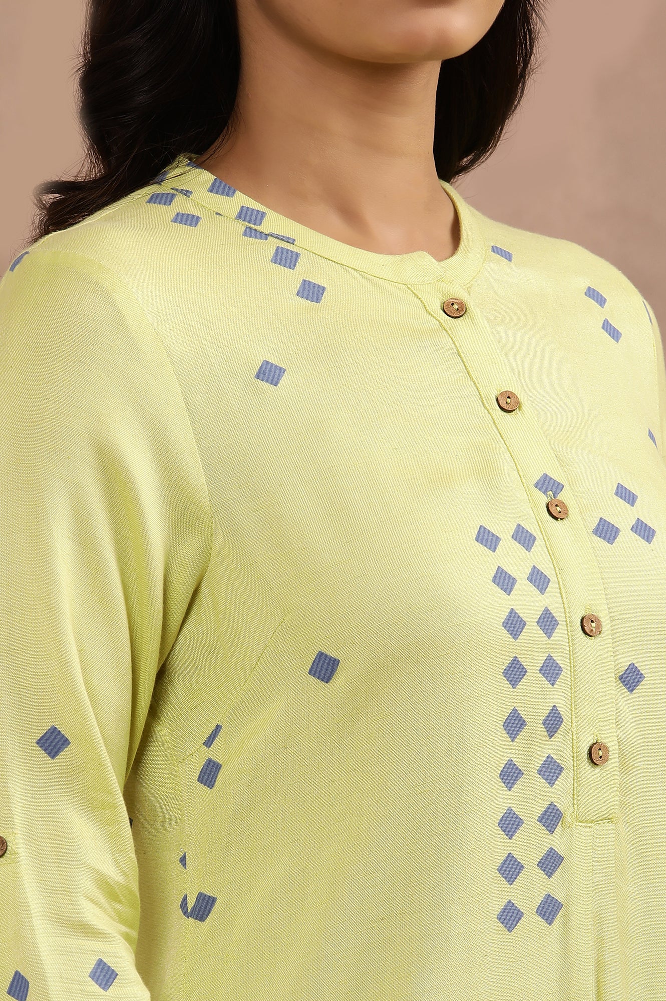 Green Printed Asymmetrical Kurta And Blue Slim Pants Set