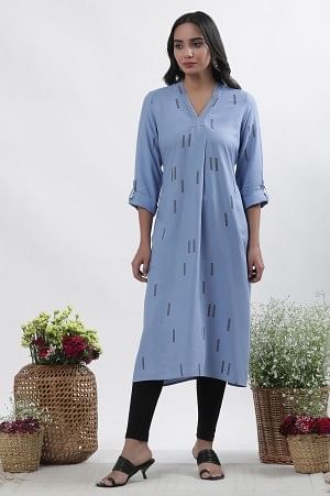 Blue Geometric Print Shirt Kurta And Tights Set