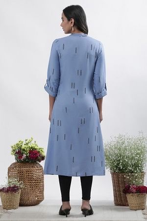 Blue Geometric Print Shirt Kurta And Tights Set