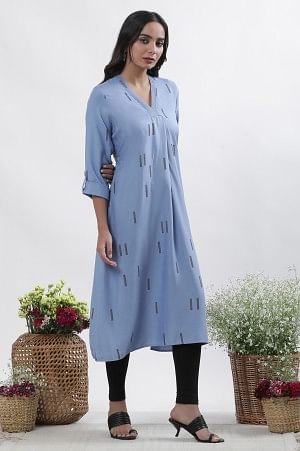 Blue Geometric Print Shirt Kurta And Tights Set