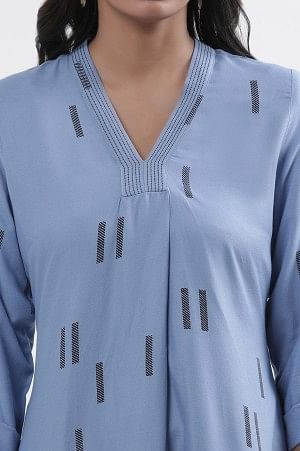 Blue Geometric Print Shirt Kurta And Tights Set