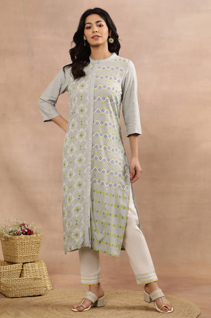 Grey Printed Mandarin Collar Kurta And Pants Set