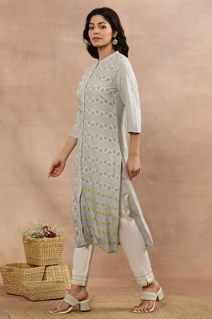 Grey Printed Mandarin Collar Kurta And Pants Set