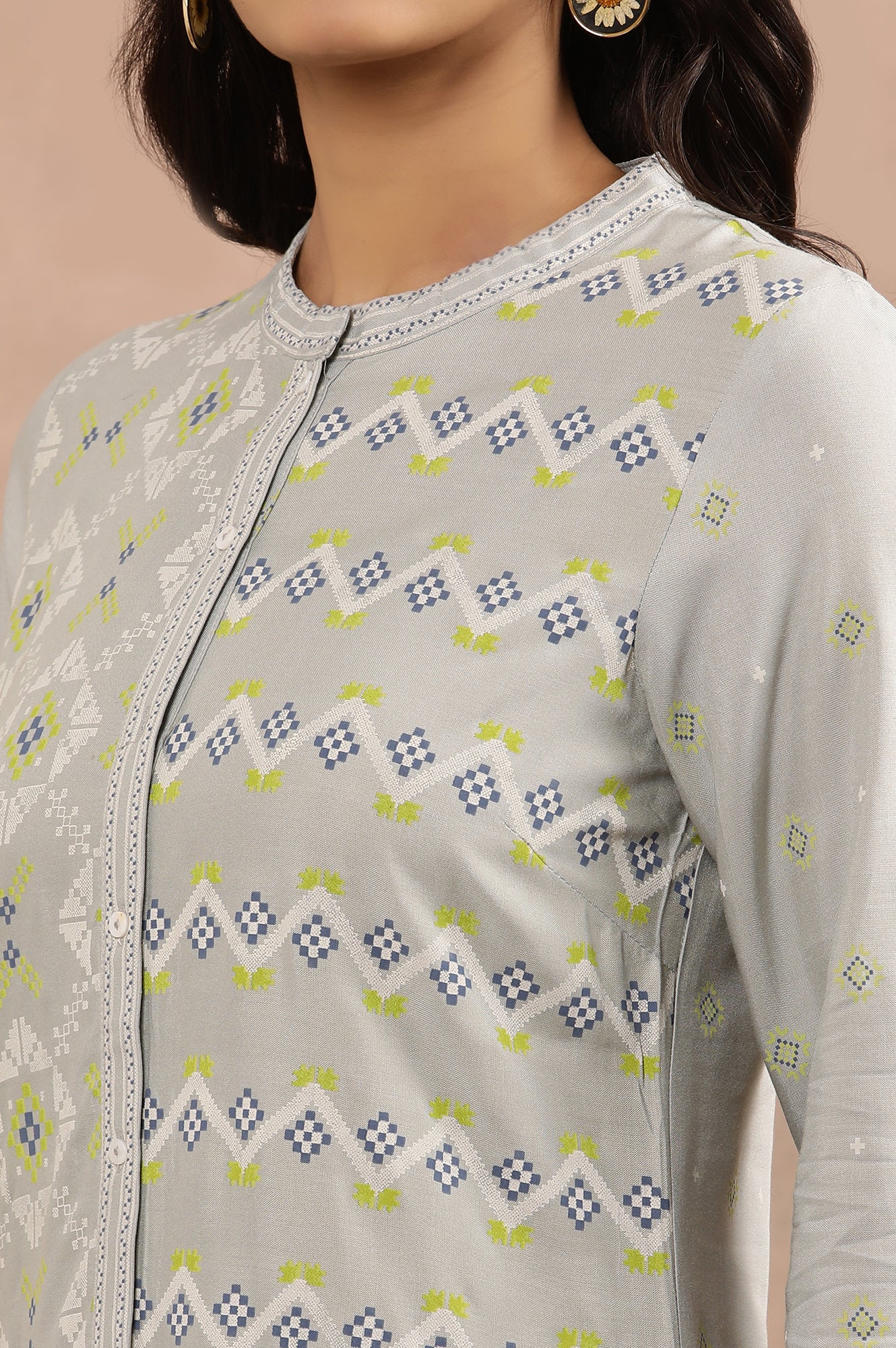 Grey Printed Mandarin Collar Kurta And Pants Set