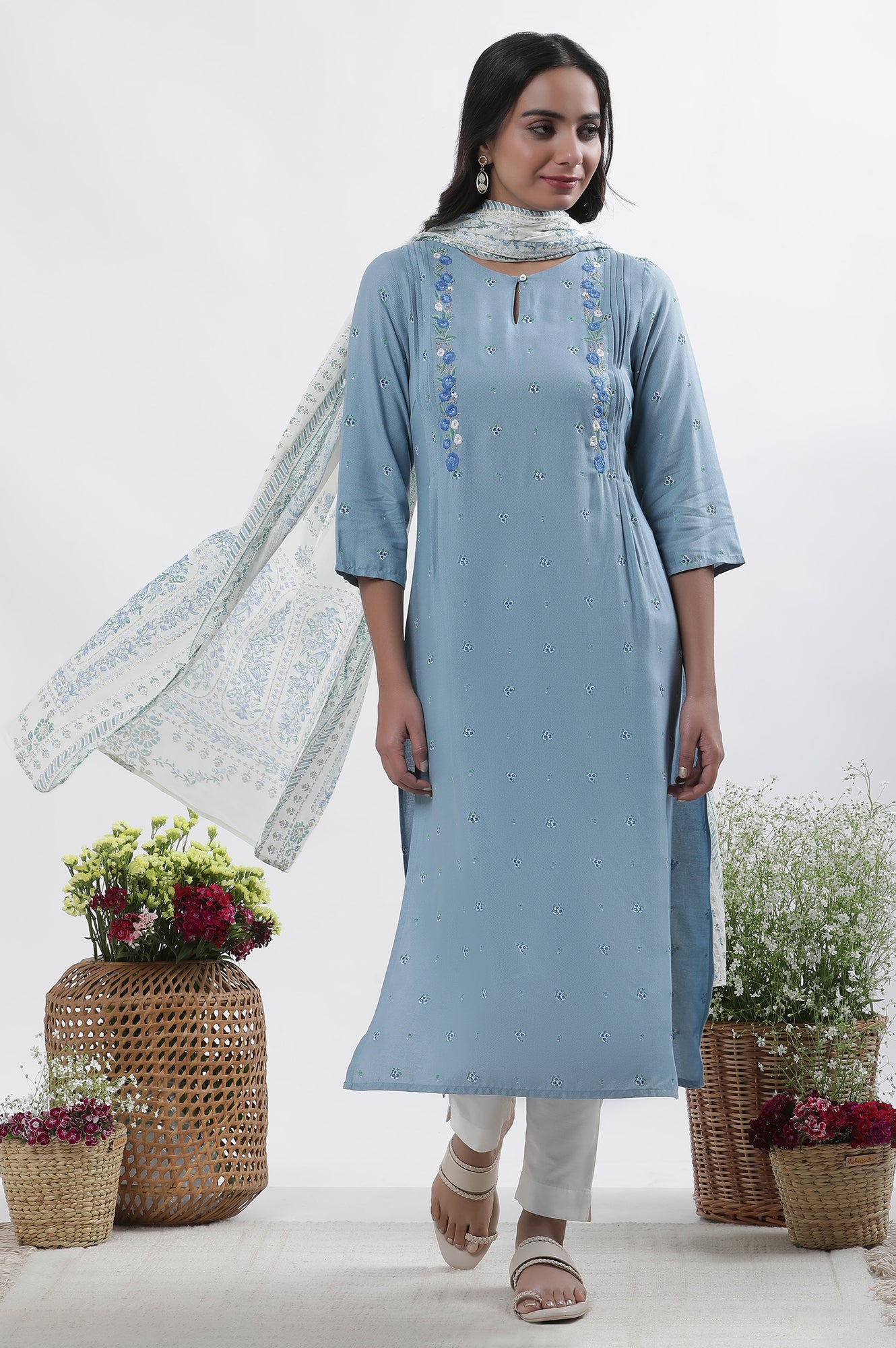 Blue Embroidered Kurta, Pants And Dupatta Set