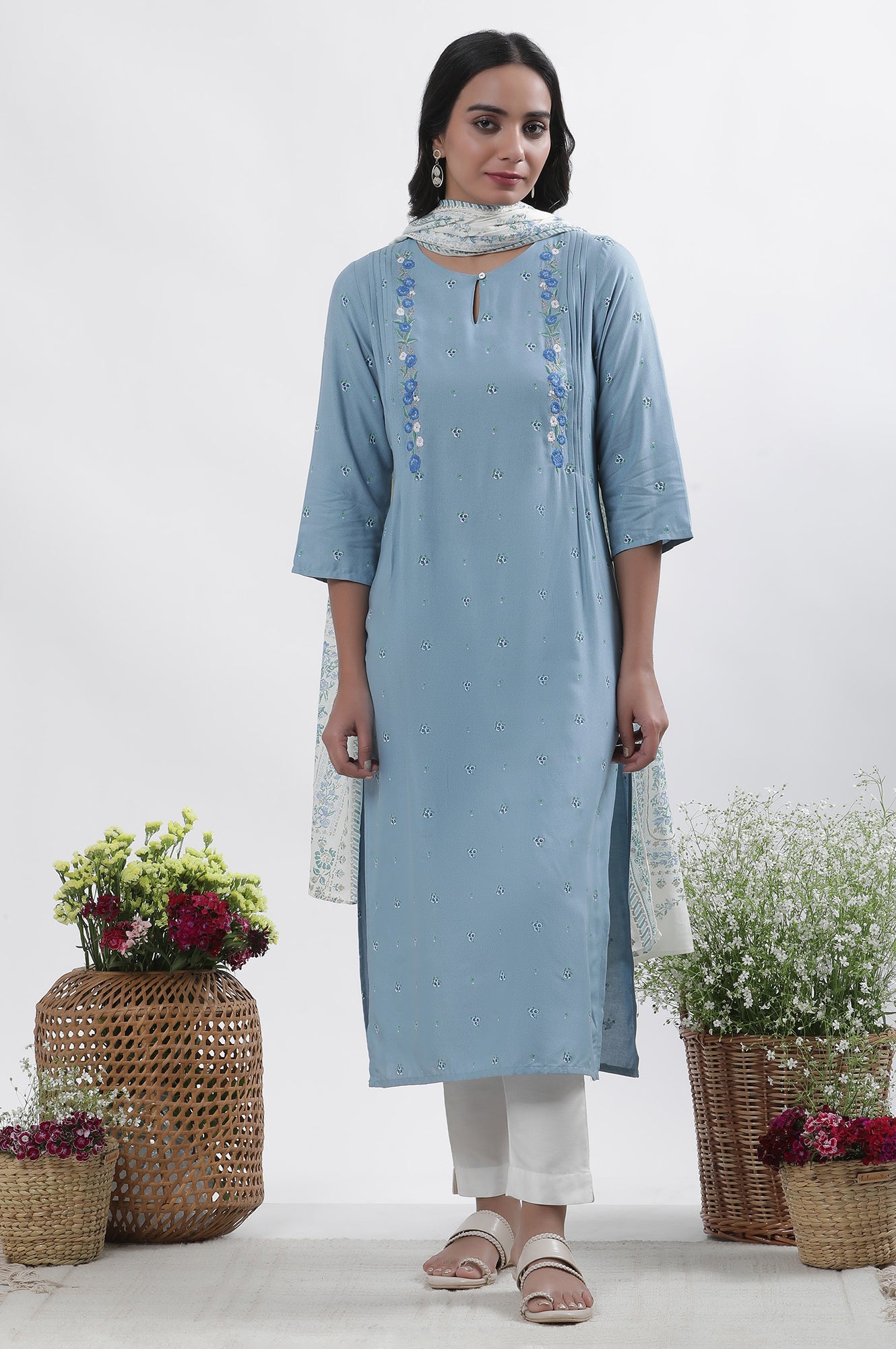 Blue Embroidered Kurta, Pants And Dupatta Set