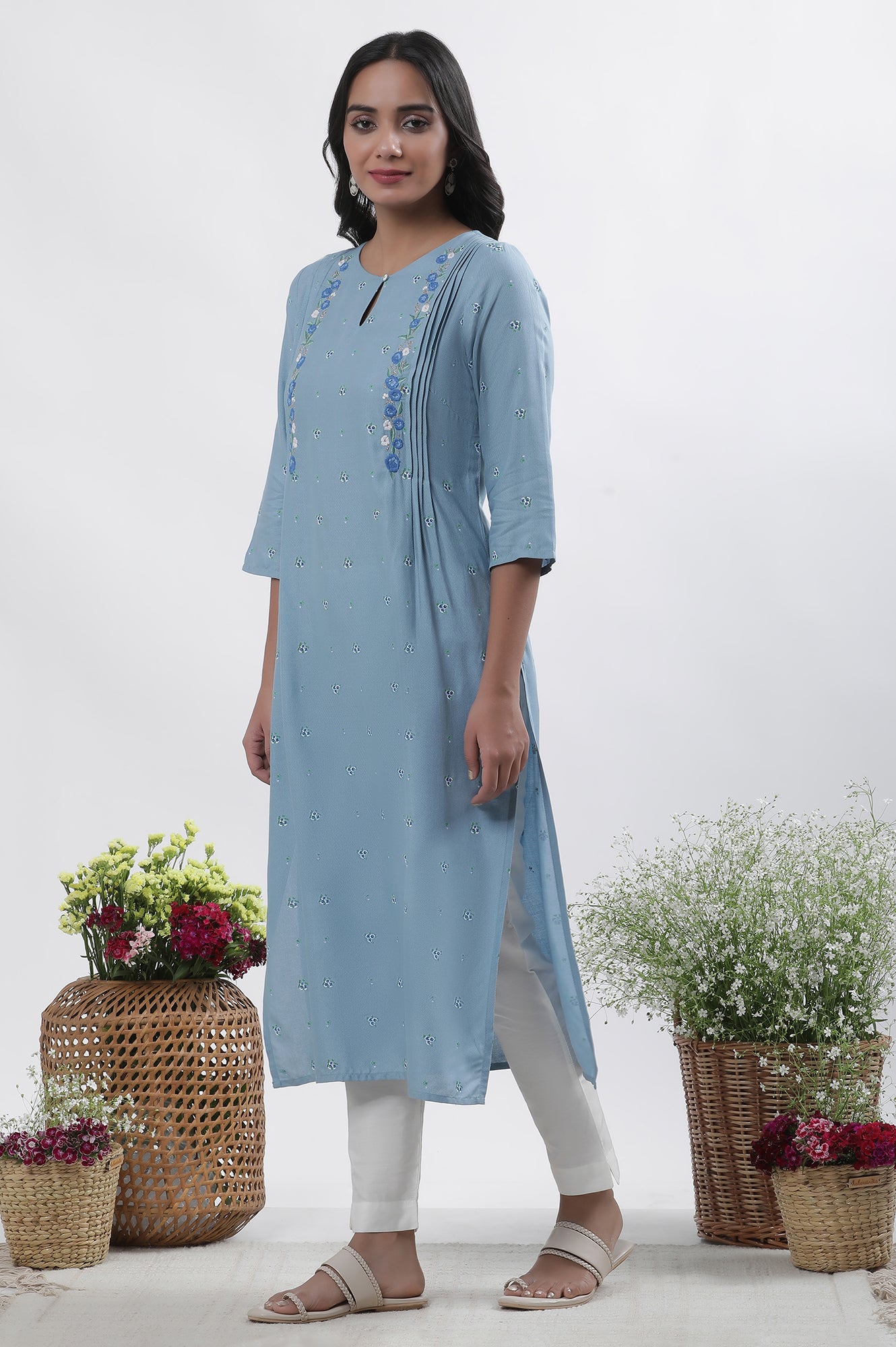 Blue Embroidered Kurta, Pants And Dupatta Set