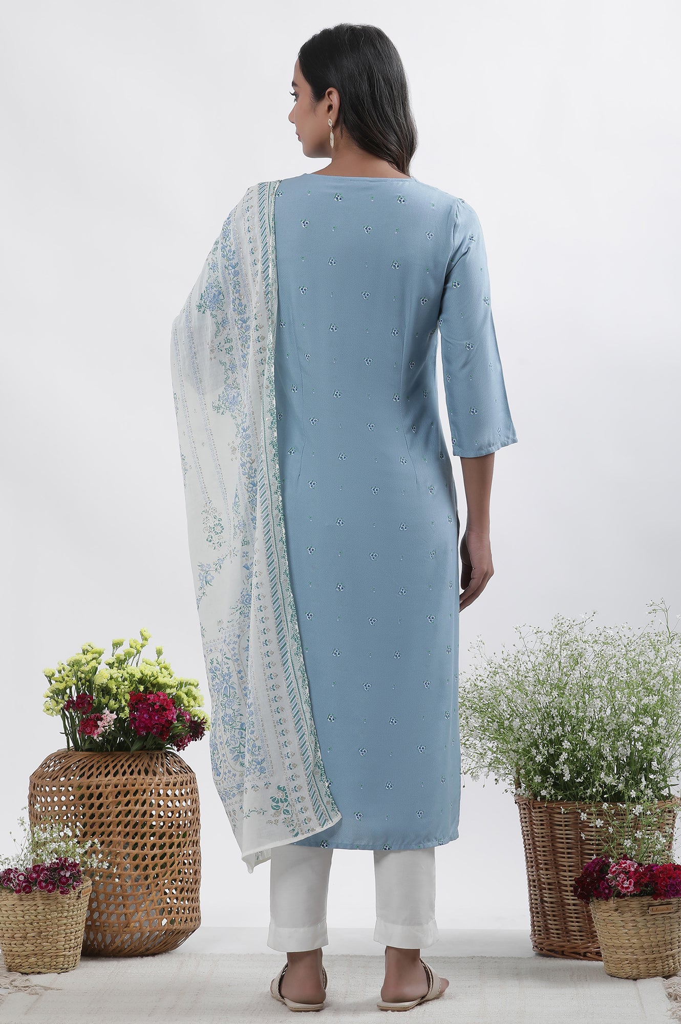 Blue Embroidered Kurta, Pants And Dupatta Set