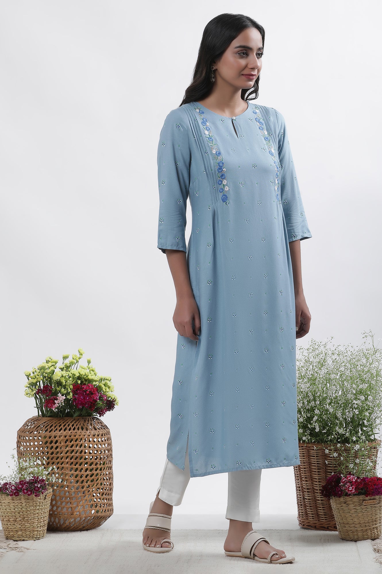 Blue Embroidered Kurta, Pants And Dupatta Set