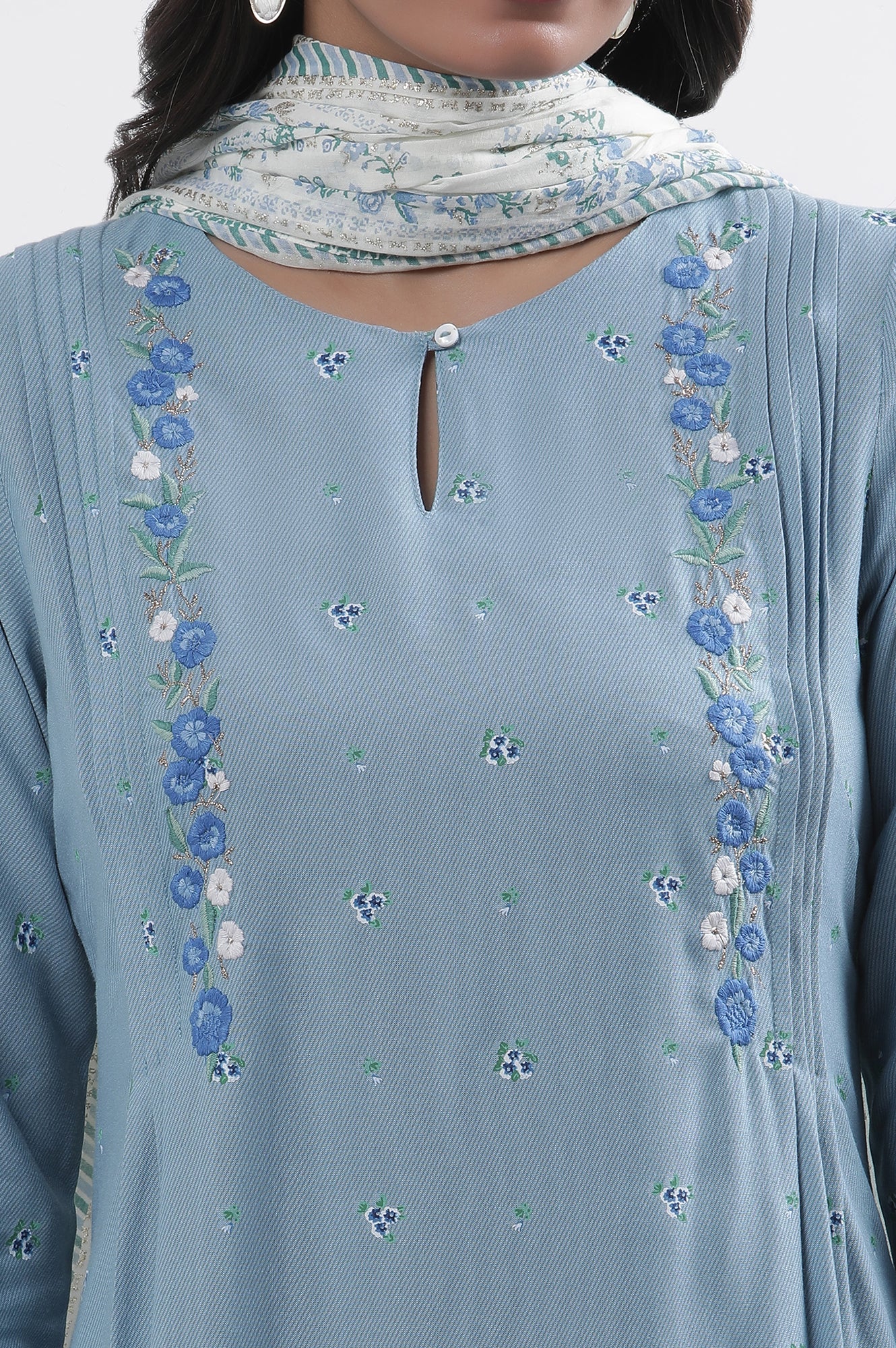 Blue Embroidered Kurta, Pants And Dupatta Set